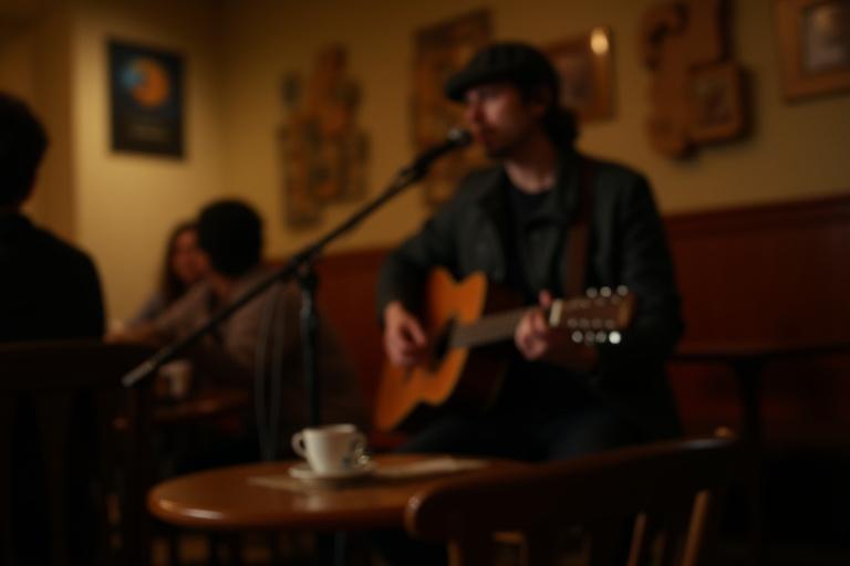 Artiste jouant de la guitare lors d'un concert acoustique intimiste.