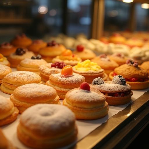 Assortiment de pâtisseries maison dans une vitrine, fraîchement préparées.